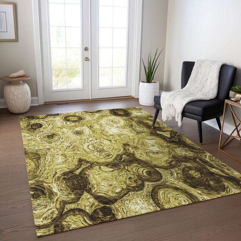 Machine Washable Indoor/ Outdoor Chantille Abstract Waves Rug - Gold - 3' x 5'