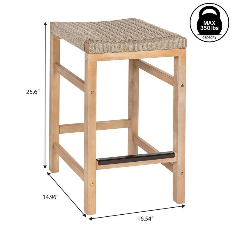 Armand Backless Acacia Wood Outdoor Stool with Woven Rope Seat, (Set of 2)