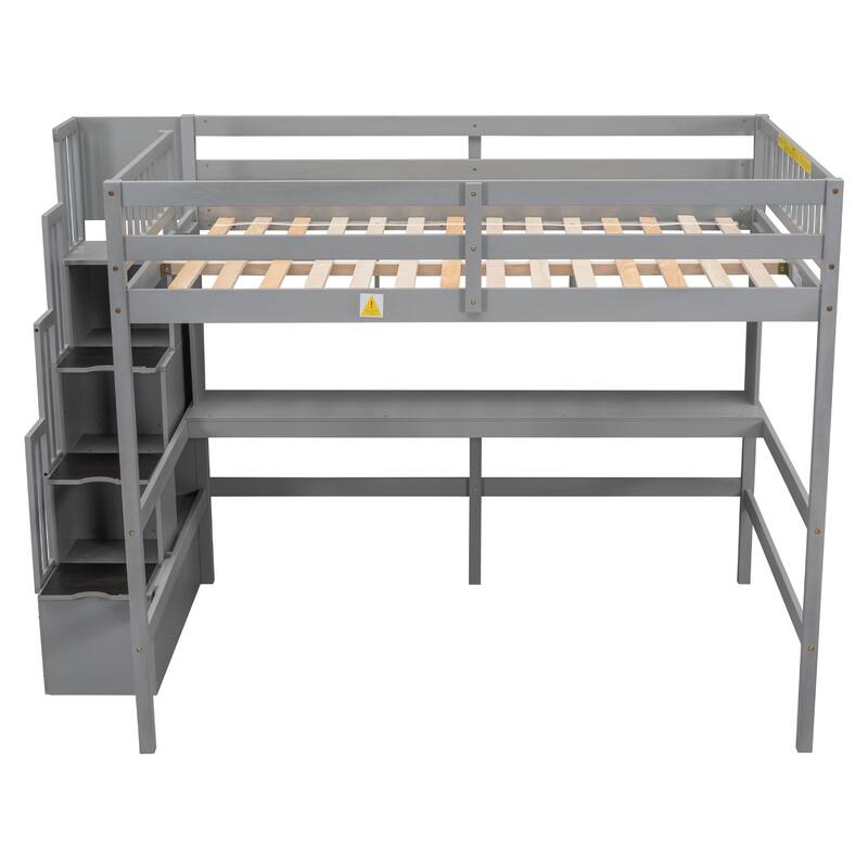 Full Size Loft Bed with Display Stand Desk Underneath, Wood High Loft Bed Frame with Storage Staircase and Storage Shelves