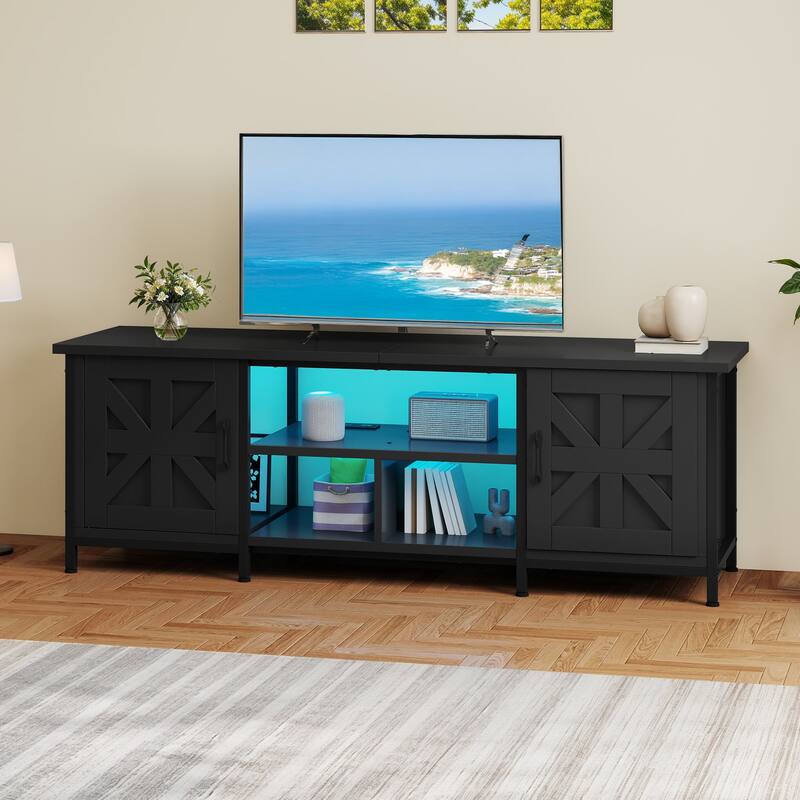 Moasis Farmhouse TV Stand with LED & Charging, Storage Cabinet and Shelves for TVs up to 70", Black
