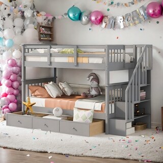 Modern Twin Over Twin Bunk Bed With Three Drawers And Solid Construction For Bedroom,Kids