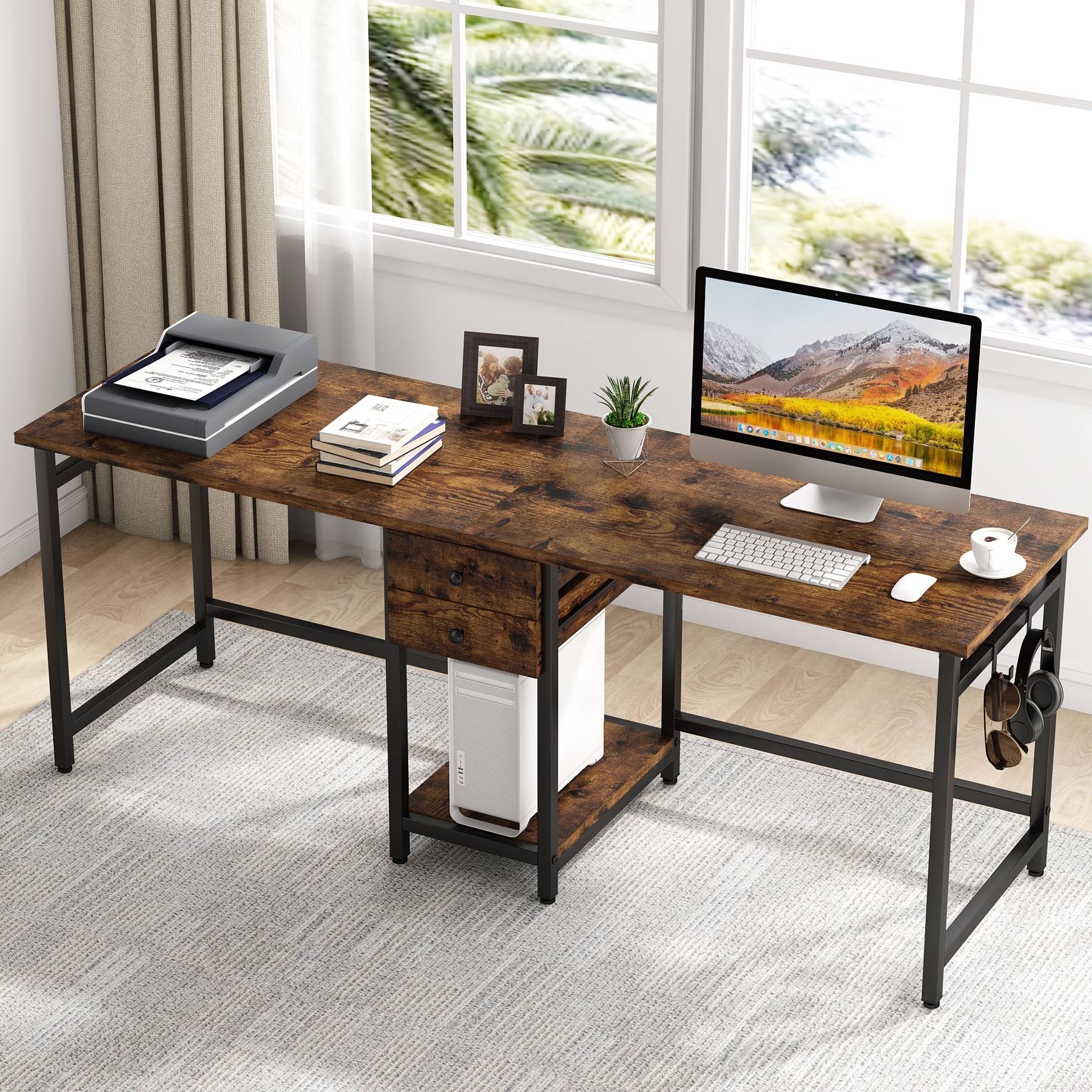 78'' Double Computer Desk with Drawers and Storage Shelves, Extra