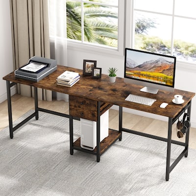 Extra Long Two Person Desk,Industrial Workstation for Home Office，78’’ Double Computer Desk with Drawers and Storage Shelves
