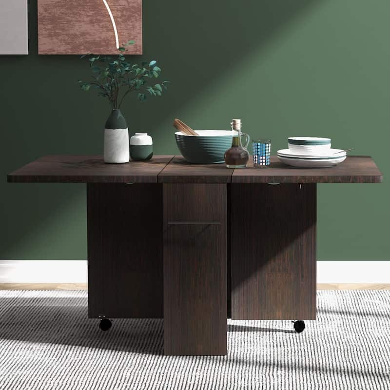Drop Leaf Dining Table with Storage Rack and Wheels for Small Spaces