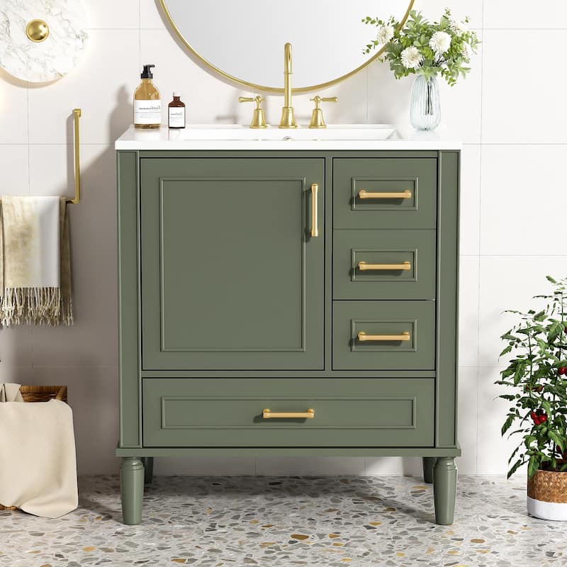 30" Bathroom Vanity with Ceramic Sink Combo, Soft-Close Door Bathroom Storage Cabinet with 3 Drawers