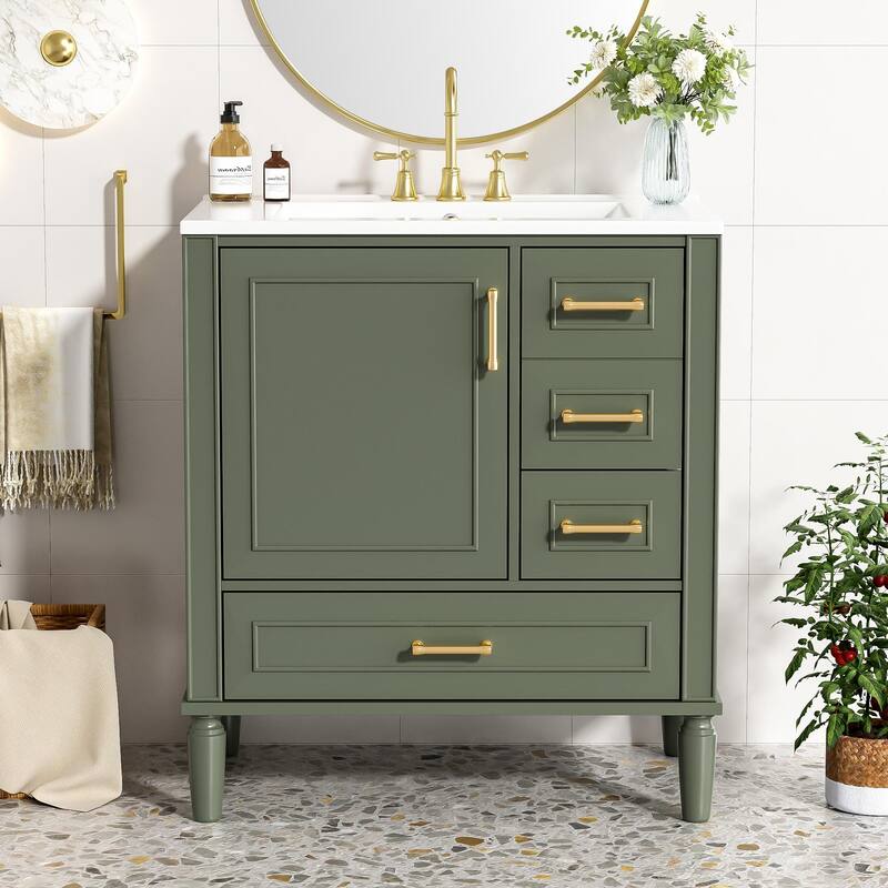 30" Bathroom Vanity with Ceramic Sink Storage Cabinet with Built-in Shelf and 3 Drawer