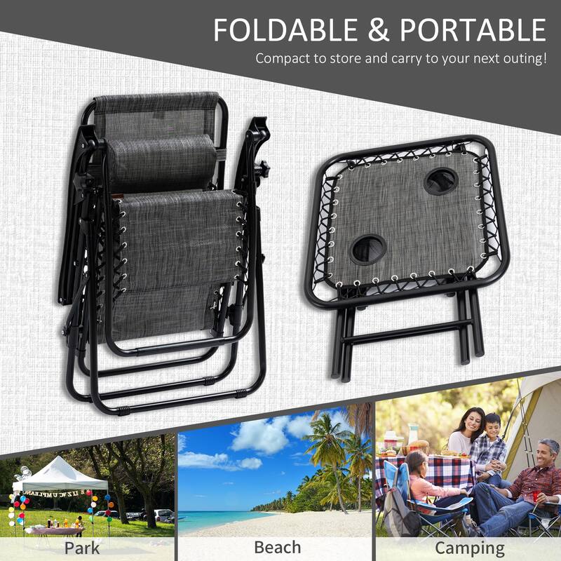 Outdoor Zero Gravity Chairs with Side Table, Set of 2 Folding Reclining Chairs with Cupholders & Pillows