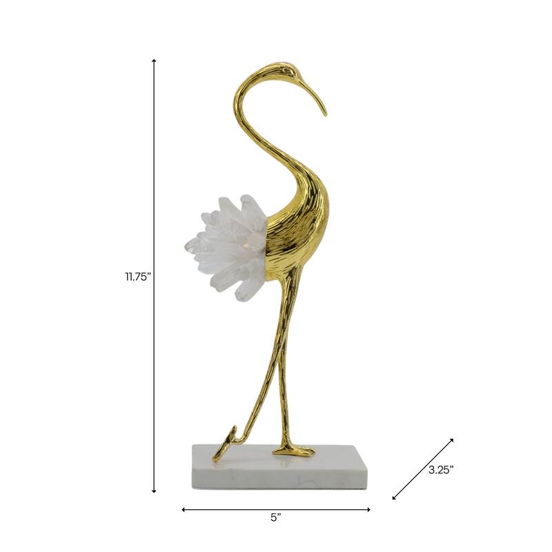 Metal Modern Crane Sculpture with Crystal Accents and Marble Base