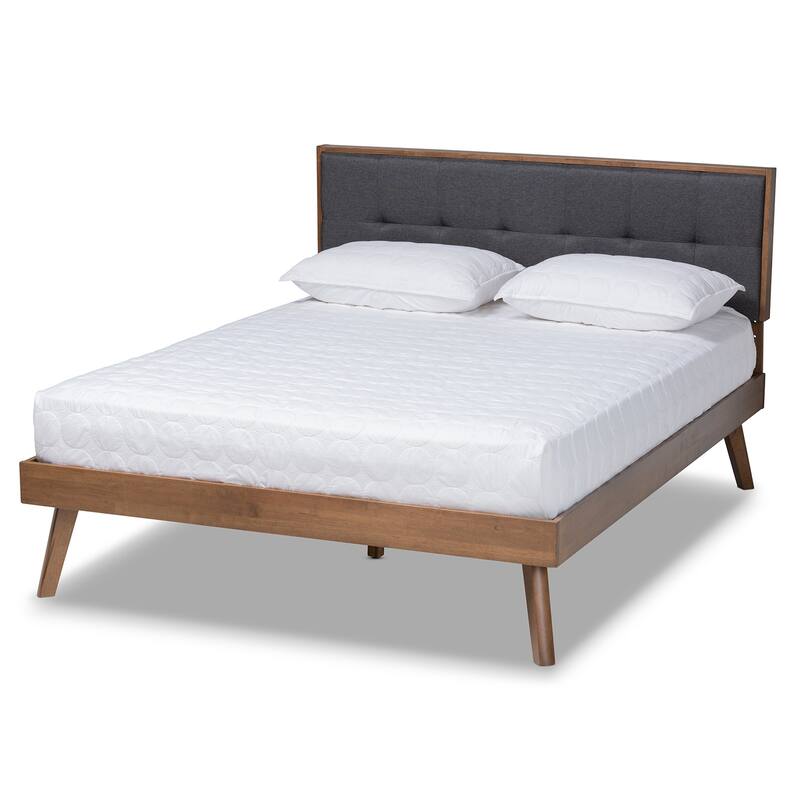 Queen Size Platform Bed - Upholstered Fabric Bed with Headboard & Slats - Dark Grey & Walnut Finish