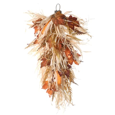 National Tree Company Artificial Autumn Teardrop with Raffia Leaves, Corn Cobs, Berry Clusters, 30 Inches - 30 in