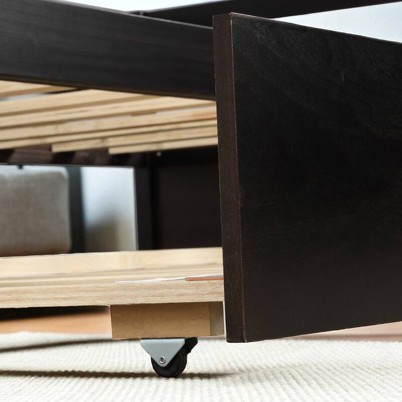 Twin Size Wood Daybed with Trundle, Solid Pine Frame, Guardrails and No Box Spring Required