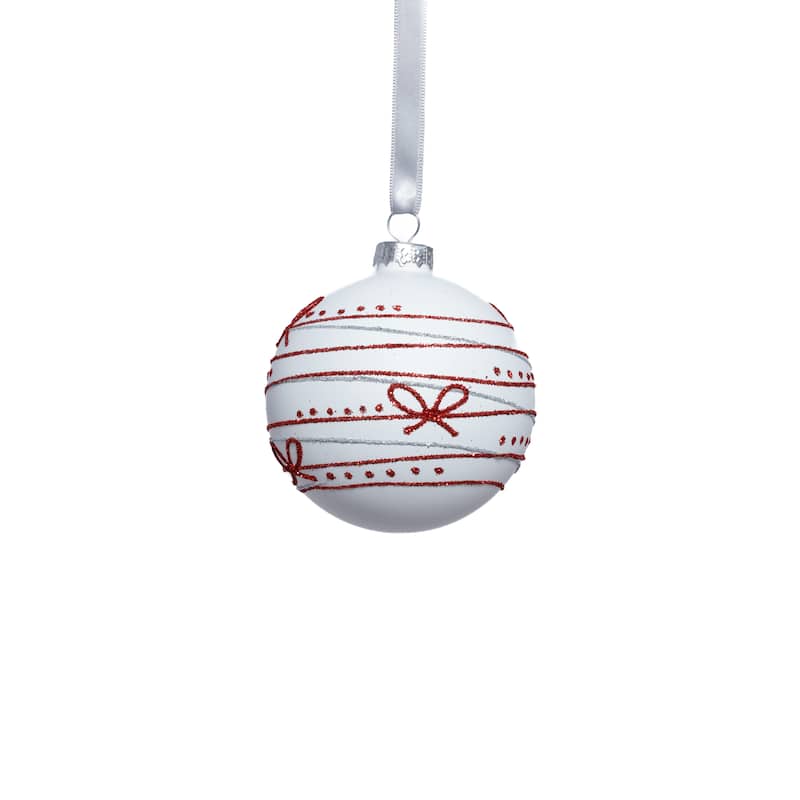 Matte Glass Holiday Ball Ornaments with Red Ribbon Design, Set of 6, 3.25"