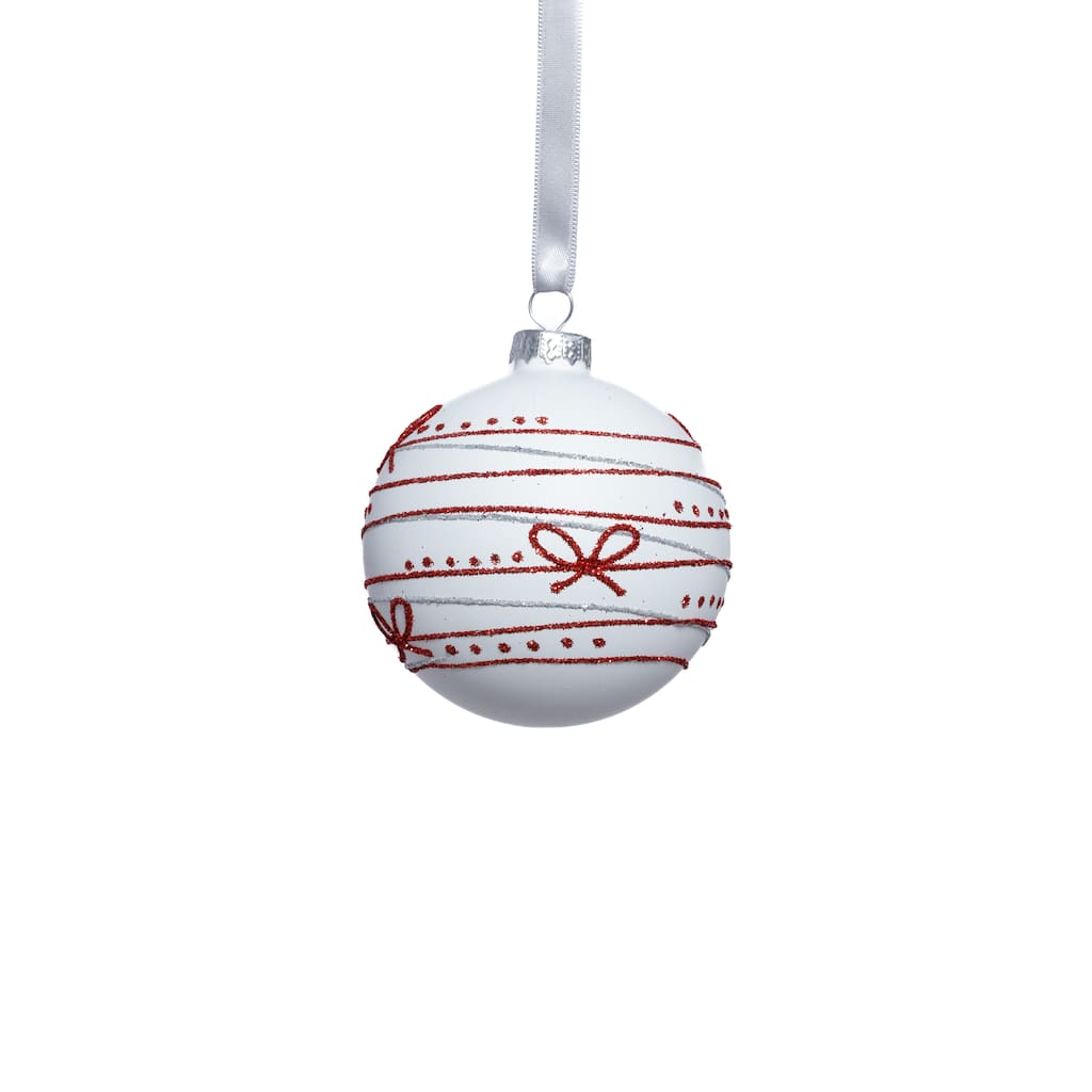 Matte Glass Holiday Ball Ornaments with Red Ribbon Design, Set of 6, 3.25"
