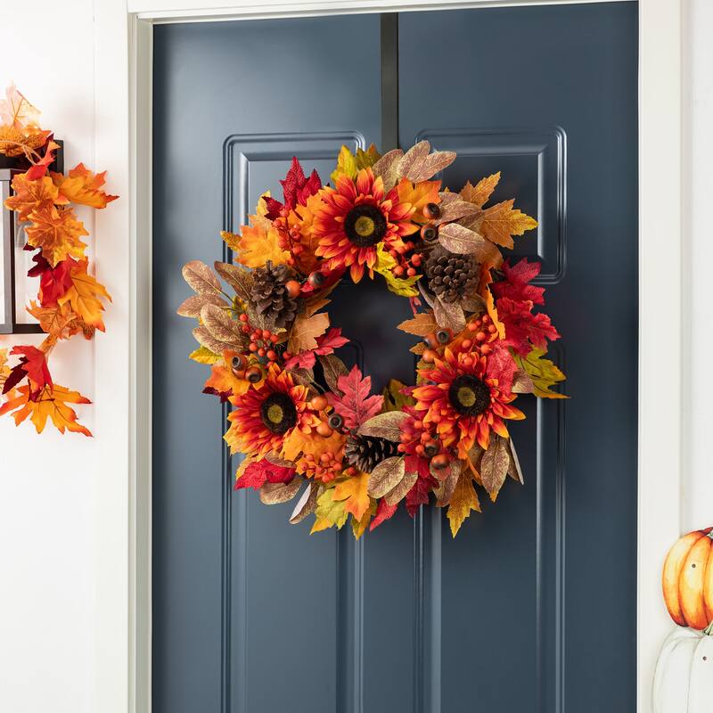 Glitzhome 24"D Fall Sunflower Pinecone Berry Artificial Wreath or Porch Tree - Wreath