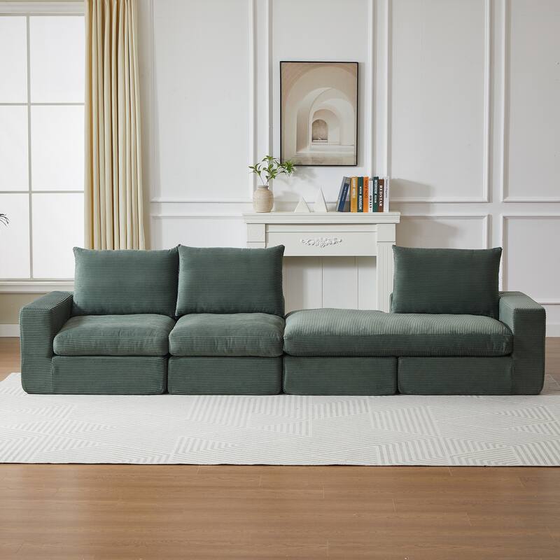 Roomfitters 99" L-Shaped Corduroy Upholstered Sectional Sofa, Modern 3-Seater Sectional Couch with Pillows, Living Room, Green