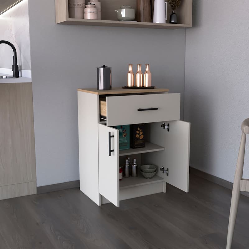 Pantry Organizer Cabinet 33" H, One Drawer, Two Interior Shelves, Two Doors, Ivory / Natural Oak - Multicolor
