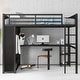 preview thumbnail 1 of 8, Loft Bed Frame with Built-in Wardrobe, Metal Loft Bed with Desk and Storage Shelves, Black Full XL