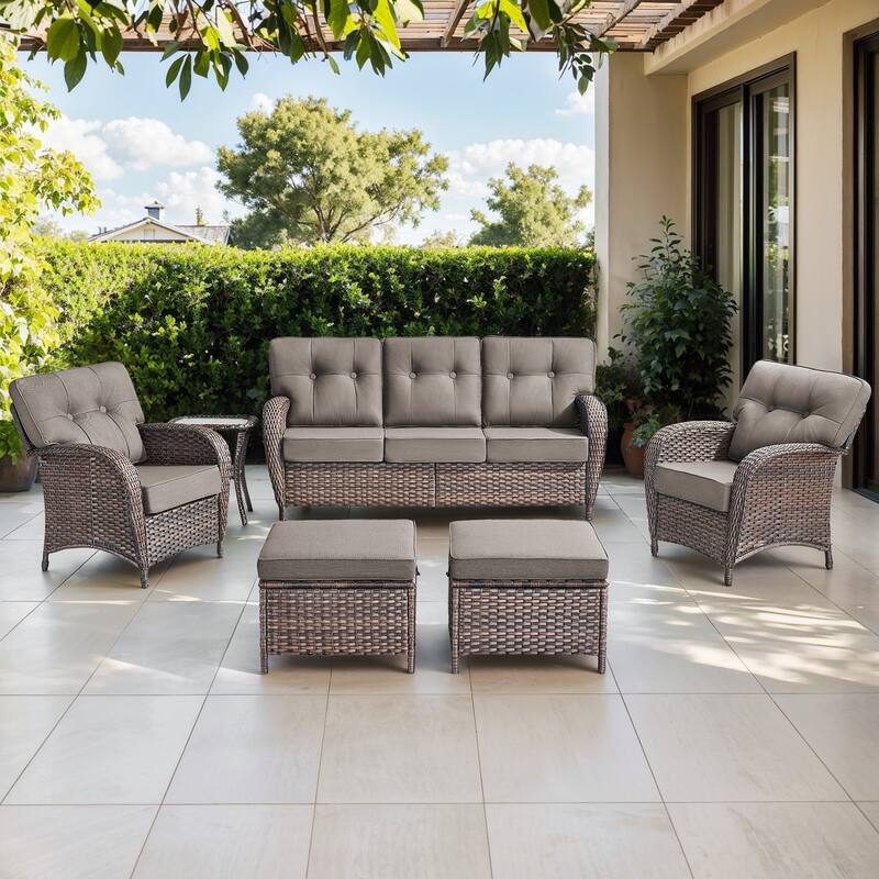 Gymojoy 6-Piece Outdoor Wicker Patio Furniture Set, 5" Thick Cushioned Rattan Conversation Set - Brown Wicker / Grey Cusion - 6-Piece