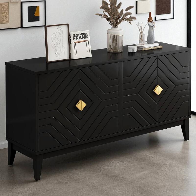 60" 4-Door Sideboard Buffet Cabinet with Adjustable Shelves, Gold Handles & Cable Holes, Wood Storage Console - Black