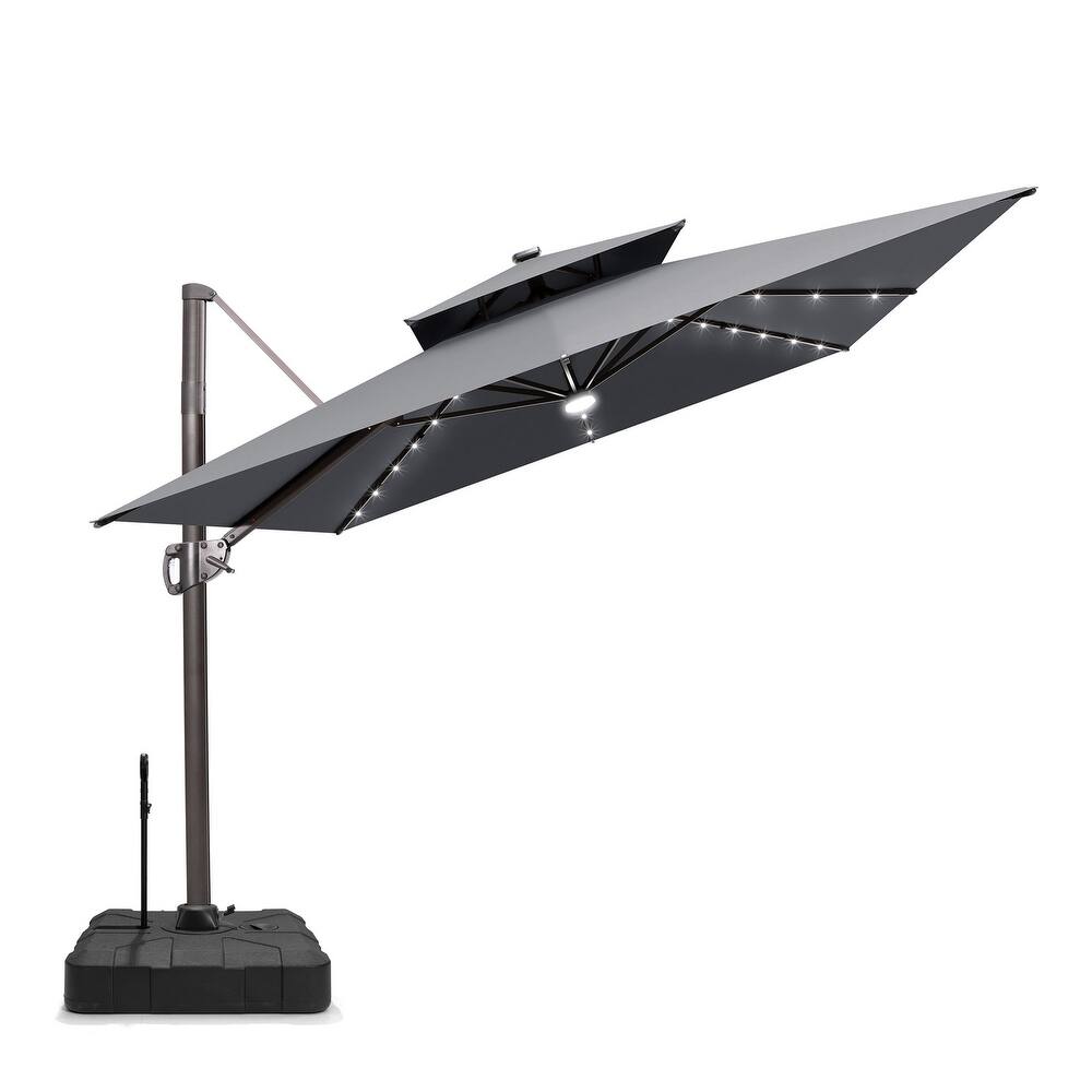 Pellebant 9x11 FT Outdoor Patio Double Top Cantilever Umbrella Solar LED Lighted with Rod Base