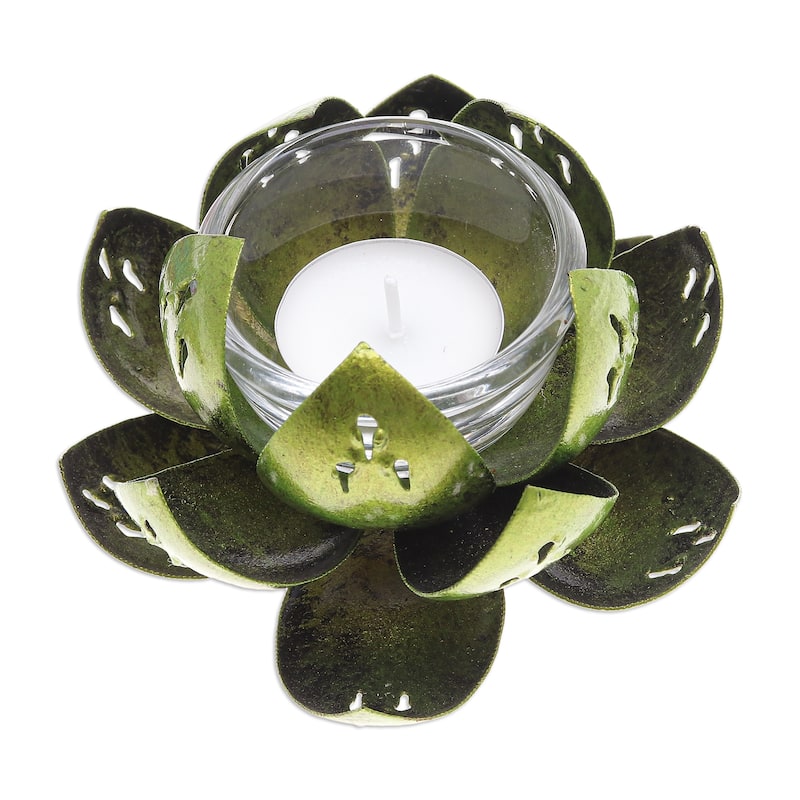 Novica Handmade Precious Lotus In Light Green Steel Tealight Holder