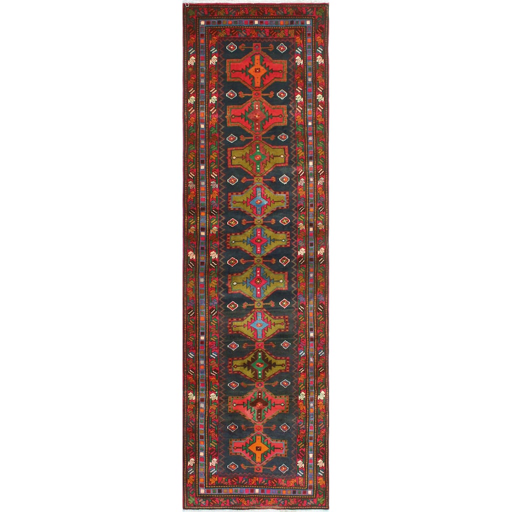 Fine Vintage Distressed Sanem Navy/Red Runner - 3'6" x 13'4"