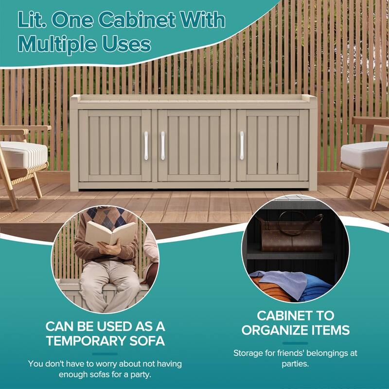 120 Gal. Double Door Locker with 3 Barn Doors Indoor and Outdoor Entryway Storage Bench