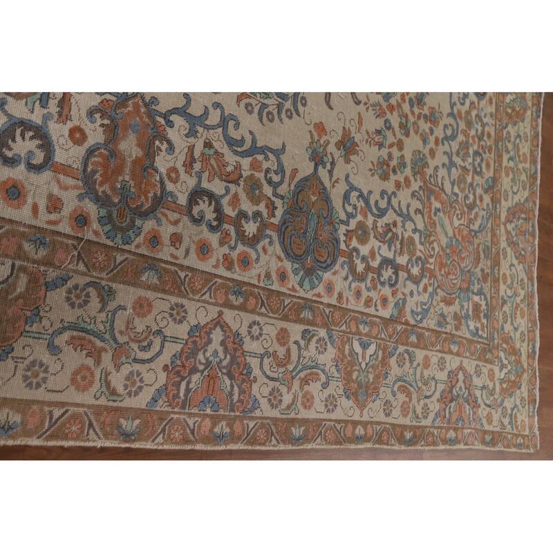 Hand Knotted Oriental 100% Wool Carpet Traditional Floral Beige & Ivories Tabriz Area Rug - 12' 9'' X 9' 9''