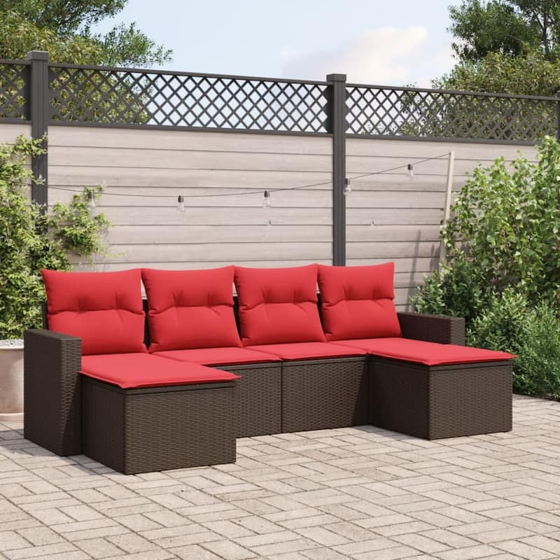 vidaXL Patio Sofa Set with Cushions Outdoor Conversation Furniture Poly Rattan - 25.8" x 24.4" x 27.2" - Brown and red without table
