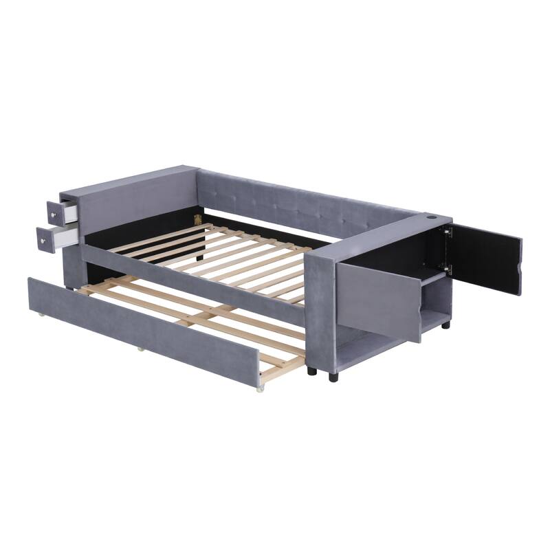 Twin Velvet Upholstered Platform Bed with Trundle, USB Charging, Storage Drawers, Beige/Gray