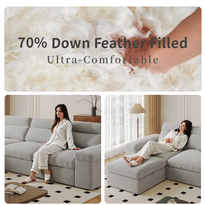 Down Filling Upholstered L-shaped Sectional Sofa with Storage Ottoman and Armrests, Chaise Modular Couch with Adjusted Backrest