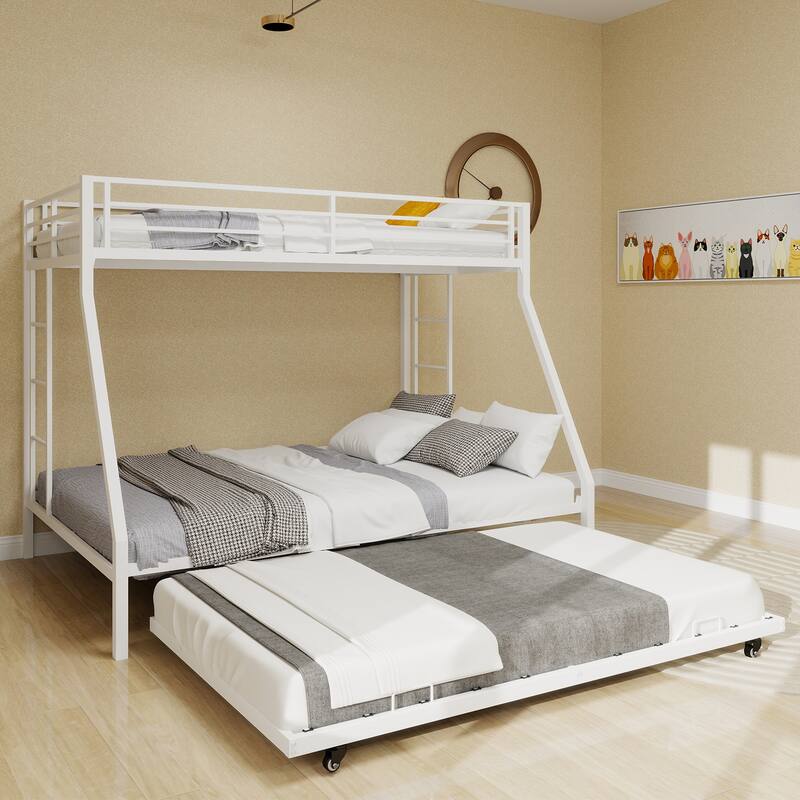 Modern Minimalist Square Tube Bunk Bed with Ladder & Rolling Trundle, Queen Size, White