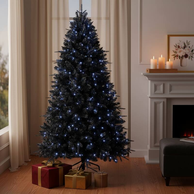 HomeRoots 7' Black Pre Lit Full Fir Christmas Tree - 54.00 in. x 84.00 in. x 54.00 in. - Black - 7 Foot