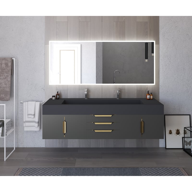 Nile 72" Wall Mounted Bathroom Vanity Set w/ Black Top