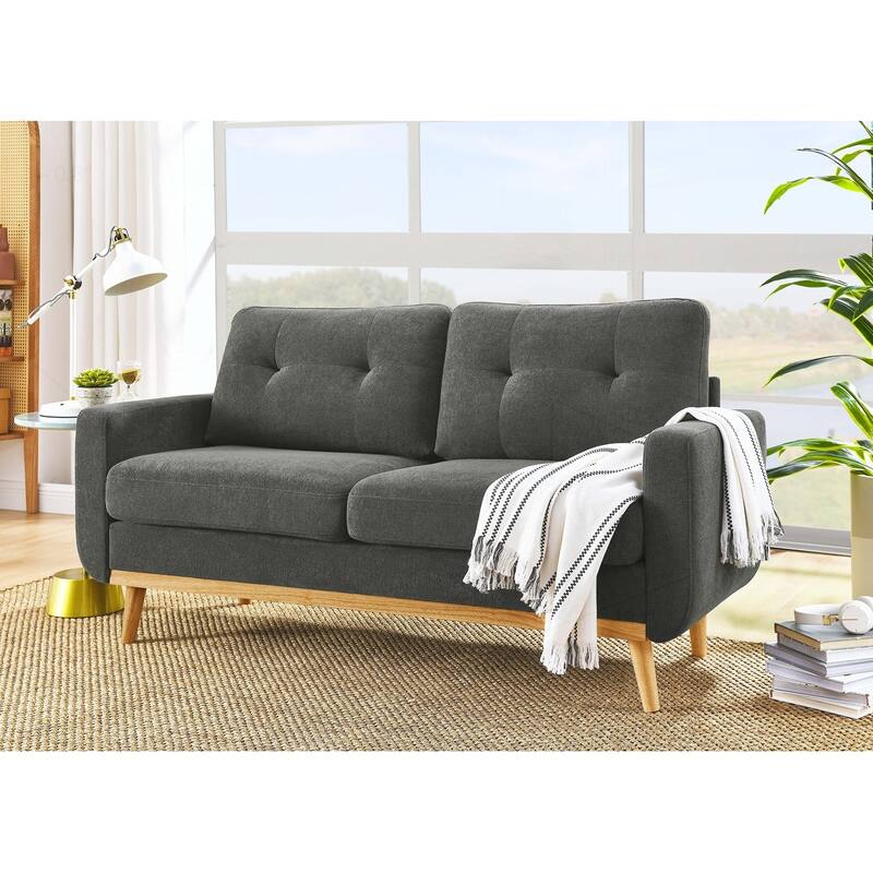 Mid-Century Modern Tufted Loveseat Sofa with Sturdy Wooden Legs for Relaxation - Grey