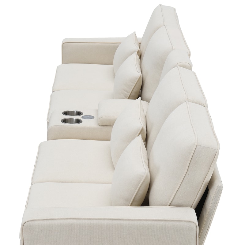 Modern 4-Seat Sofa with Console, Wireless Charging, 2 Cupholders, and 4 Pillows, Upholstered in Linen Fabric