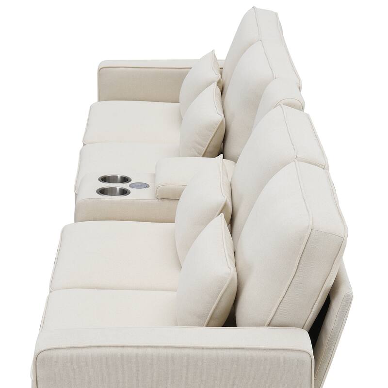 Upholstered 4-Seater Sofa 114" with USB Ports, Cup Holders, Storage for Living Room