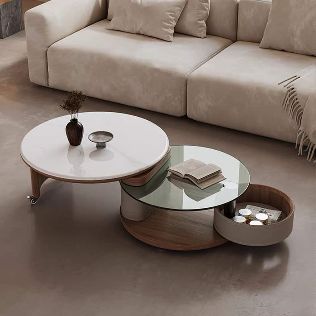 31.5" Modern Multifunctional Rotating Coffee Table, Faux Marble Glossy Table top, Saddle Leather Swivel Drawer