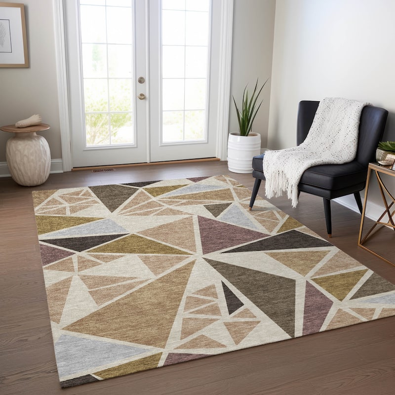 Machine Washable Indoor/ Outdoor Abstract Mosaic Chantille Rug - Beige - 9' x 12'