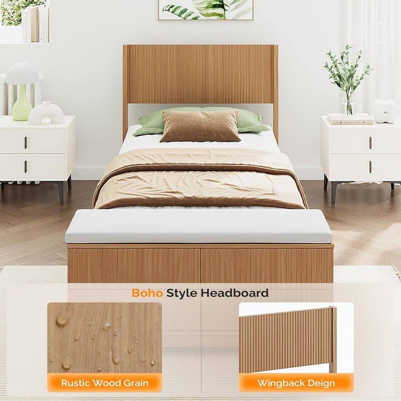 Natural Oak Wood Platform Bed Frame with Built-in Footboard Storage Bench,4 Drawers,Headboard,Heavy duty,No Box Spring Needed