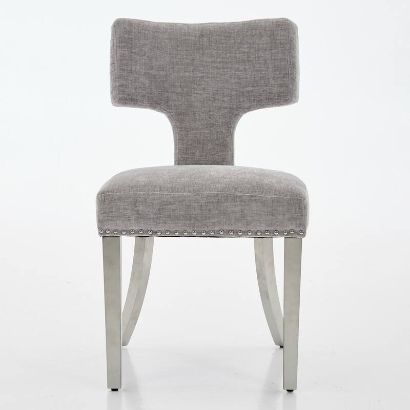 Mid Century Modern Chairs Set of 2,Farmhouse Chenille Fabric Upholstered Curved Backrest with Nails,Brushed Stainless Steel Legs