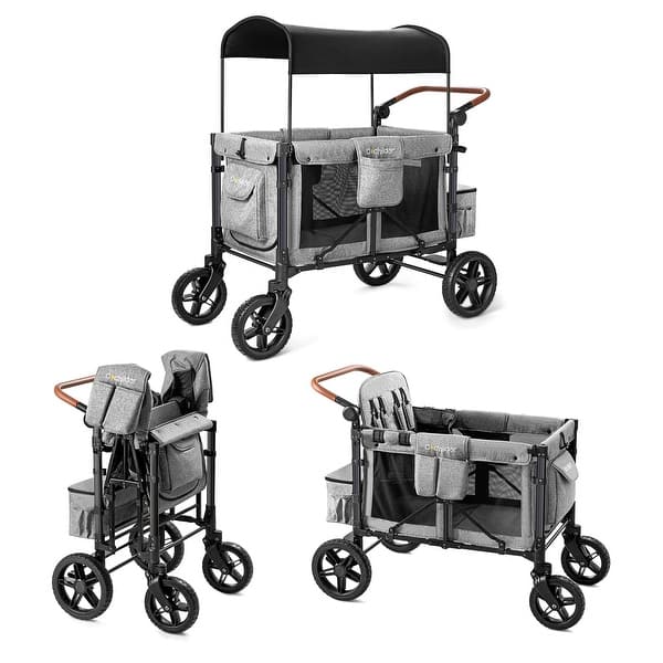 slide 2 of 5, 4 Seater Stroller Wagon for 4 Kids with Convertible Seats, Adjustable Push/Pull Handles, Removable Canopy & Flat Fold, Grey
