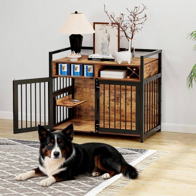 Heavy Duty Dog Crate Furniture, with Double Doors & Storage