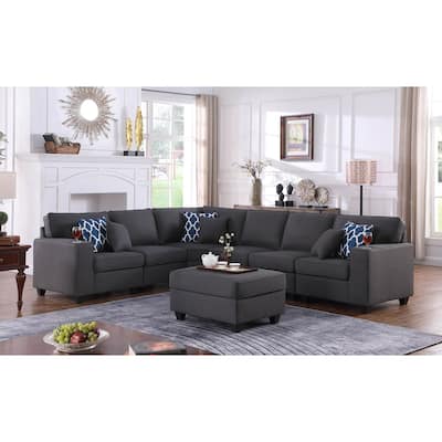 7 Piece Upholstered L-Shape Sectional Sofa with Ottoman in Dark Gray