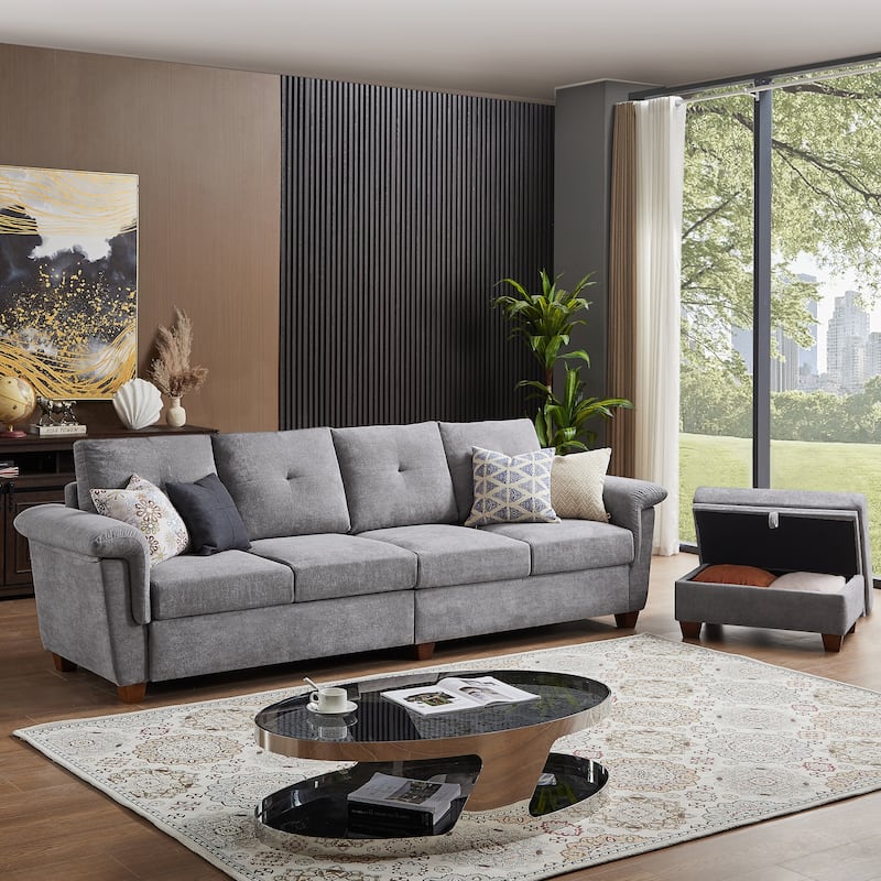 109" Modern 4 Seaters Towelling Sectional Sofa with Hidden Coffee Table Adjustable Headrest and Large Storage Space