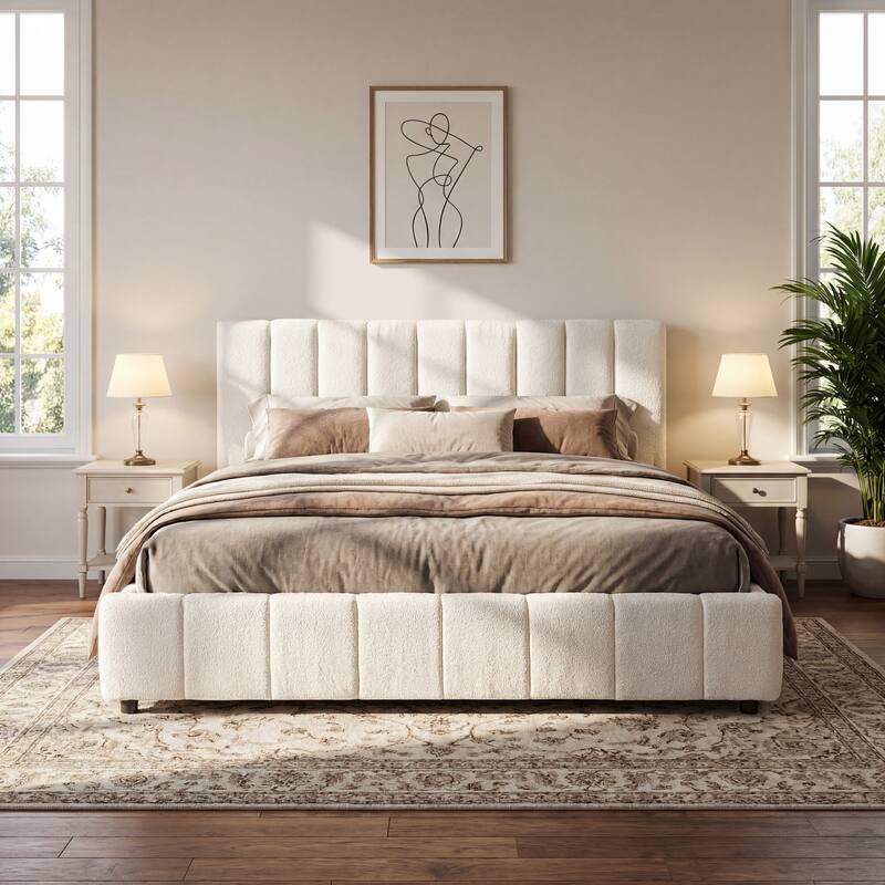 Christopher Knight Home - Modern Boucle Upholstered Platform Bed with Vertical Tufted Headboard