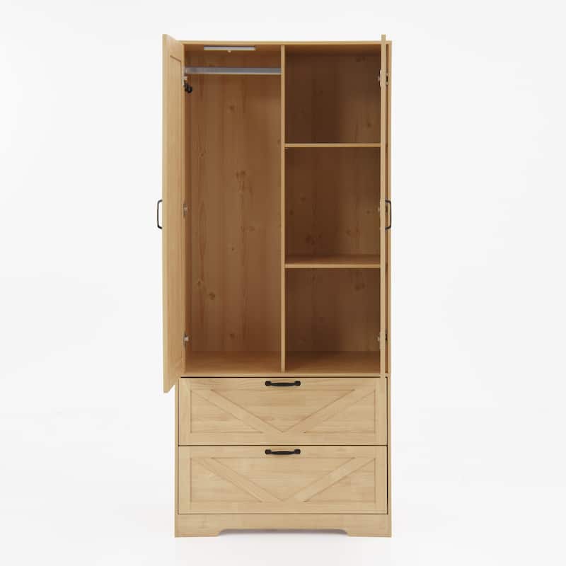 2-Door Wood Wardrobe for Bedroom with Hanging Rod, 2 Drawers, Built-in Induction Light & Mirror