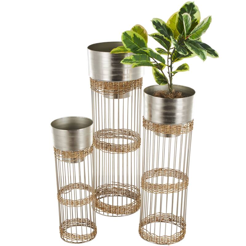 Silver or Gold Metal Caged Wire Planter with Woven Seagrass Accents (Set of 3)
