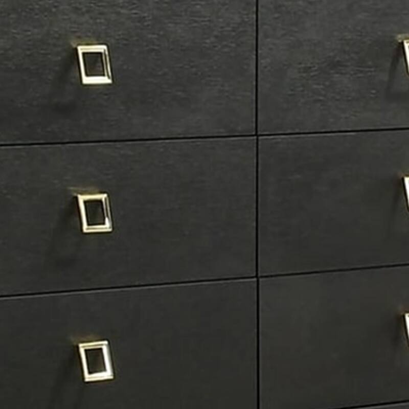 Lati Wide Dresser, 6 Drawers, Modern Black Wood, Gold Metal
