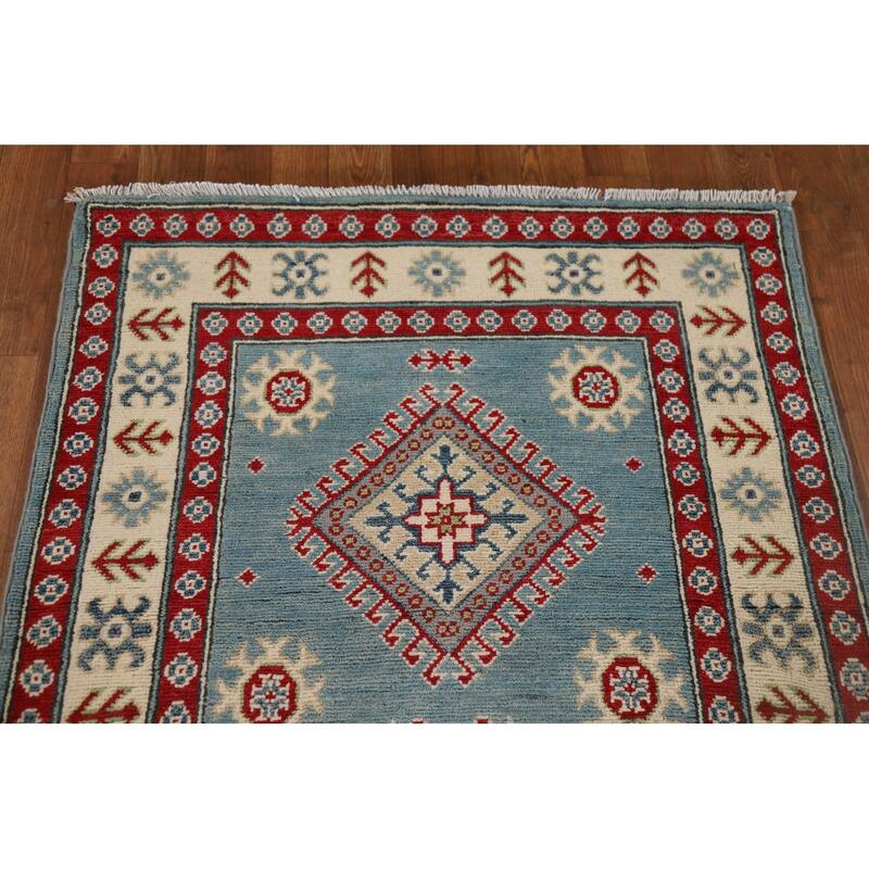 Light Blue Kazak Runner Rug Hallway Hand-Knotted Wool Carpet - 2'10" x 15'2"